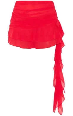 Cherry Red Chiffon Ruffled Draped Detail Mini Skirt