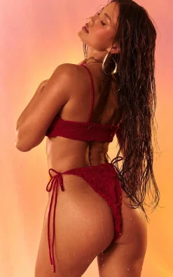 Cherry Red Crinkle Tie Side Bikini Bottoms