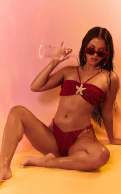 Cherry Red Crinkle Tie Side Bikini Bottoms