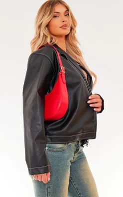 Cherry Red Curved PU Shoulder Bag