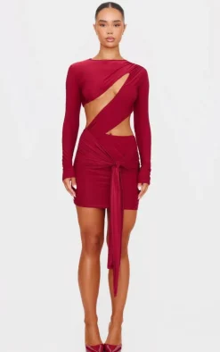 Cherry Red Cut Out Bust Panel Long Sleeve Drape Bodycon Dress