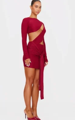 Cherry Red Cut Out Bust Panel Long Sleeve Drape Bodycon Dress