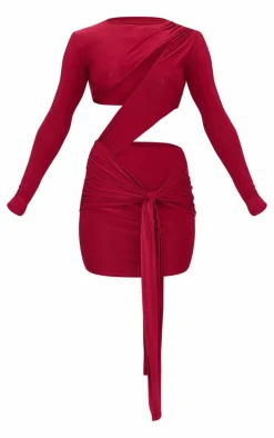 Cherry Red Cut Out Bust Panel Long Sleeve Drape Bodycon Dress