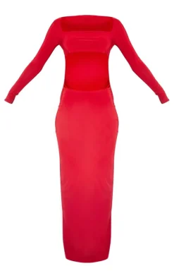 Cherry Red Cut Out Detail Long Sleeve Maxi Dress