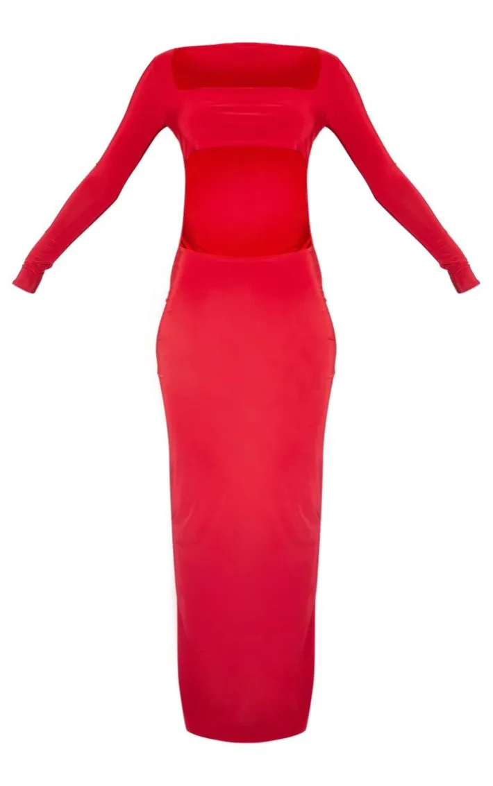 Cherry Red Cut Out Detail Long Sleeve Maxi Dress