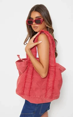 Cherry Red Denim Frayed Zip Tote Bag