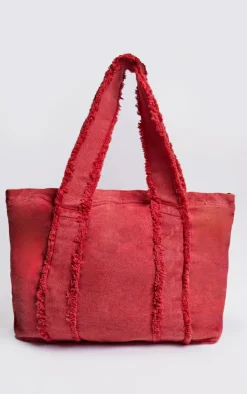 Cherry Red Denim Frayed Zip Tote Bag
