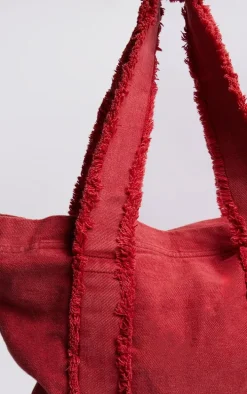 Cherry Red Denim Frayed Zip Tote Bag