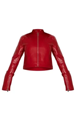 Cherry Red Faux Leather Cropped Biker Jacket
