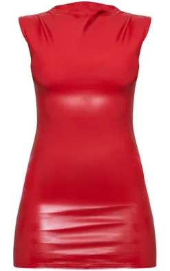 Cherry Red Faux Leather High Neck Ruched Mini Dress