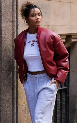 Cherry Red Faux Leather Oversized Bomber Jacket