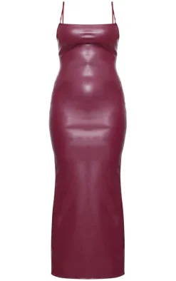 Cherry Red Faux Leather Spaghetti Strap Midi Dress