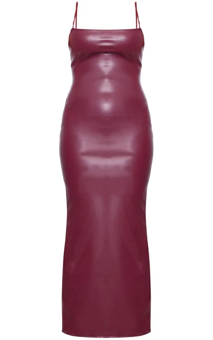 Cherry Red Faux Leather Spaghetti Strap Midi Dress