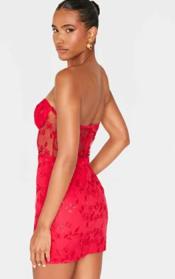 Cherry Red Floral Mesh Overlay Corset Mini Dress