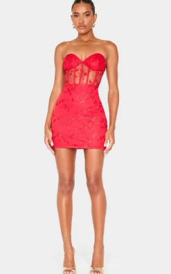 Cherry Red Floral Mesh Overlay Corset Mini Dress