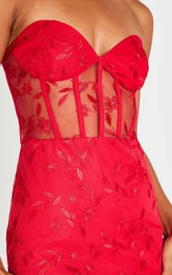 Cherry Red Floral Mesh Overlay Corset Mini Dress