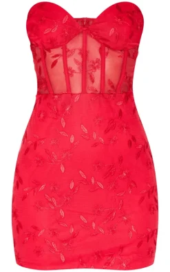 Cherry Red Floral Mesh Overlay Corset Mini Dress