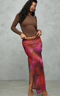 Cherry Red Floral Print Mesh Split Hem Midi Skirt