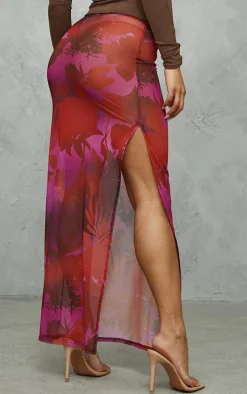 Cherry Red Floral Print Mesh Split Hem Midi Skirt