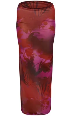 Cherry Red Floral Print Mesh Split Hem Midi Skirt