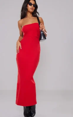 Cherry Red Heavy Brushed Rib Ruched Bandeau Midaxi Dress