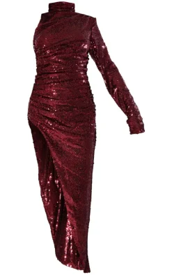 Cherry Red High Neck One Shoulder Ruched Slit Maxi Dress