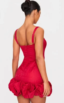 Cherry Red Jacquard Puff Ball Hem Mini Dress