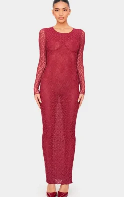 Cherry Red Lace Backless Long Sleeve Maxi Dress