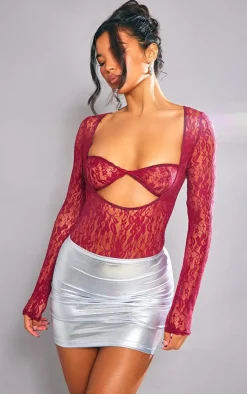 Cherry Red Lace Bandeau Detail Long Sleeve Bodysuit