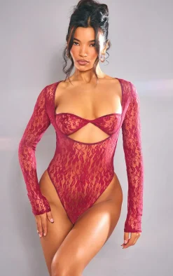 Cherry Red Lace Bandeau Detail Long Sleeve Bodysuit