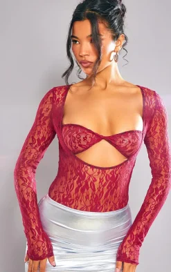 Cherry Red Lace Bandeau Detail Long Sleeve Bodysuit