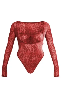 Cherry Red Lace Bandeau Detail Long Sleeve Bodysuit