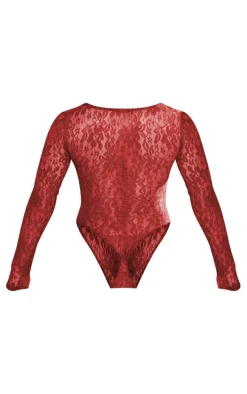 Cherry Red Lace Bandeau Detail Long Sleeve Bodysuit