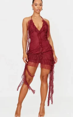 Cherry Red Lace Frill Detail Halterneck Backless Bodycon Dress