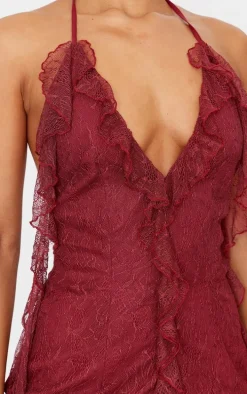 Cherry Red Lace Frill Detail Halterneck Backless Bodycon Dress