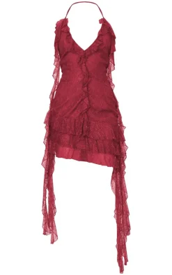 Cherry Red Lace Frill Detail Halterneck Backless Bodycon Dress