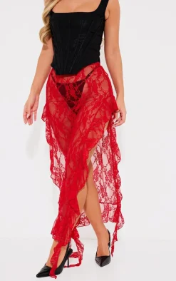 Cherry Red Lace Side Split Ruffle Detail Maxi Skirt
