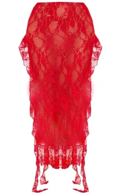 Cherry Red Lace Side Split Ruffle Detail Maxi Skirt