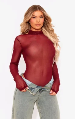 Cherry Red Mesh Backless Bodysuit