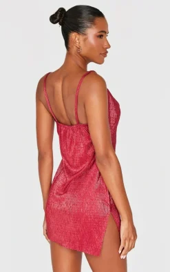 Cherry Red Metallic Plisse Cowl Neck Strappy Bodycon Dress