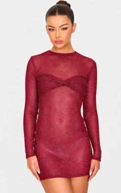 Cherry Red Metallic Ribbed Twist Bust Long Sleeve Mini Dress