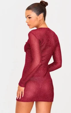 Cherry Red Metallic Ribbed Twist Bust Long Sleeve Mini Dress