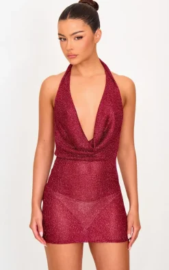 Cherry Red Metallic Ribbed Cowl Neck Mini Dress