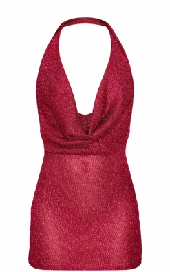Cherry Red Metallic Ribbed Cowl Neck Mini Dress
