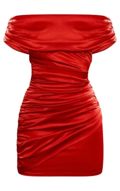 Cherry Red Premium Constructed Satin Bardot Mini Dress
