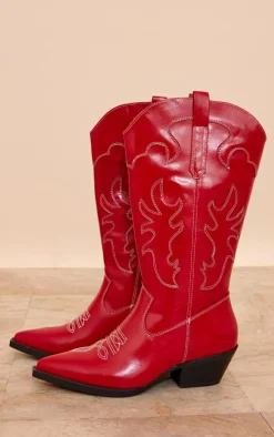 Cherry Red Pu Point Toe Low Block Heel Stitched Western Boots
