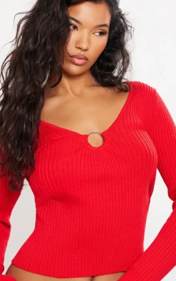 Cherry Red Rib Knit O Ring Long Sleeve Top