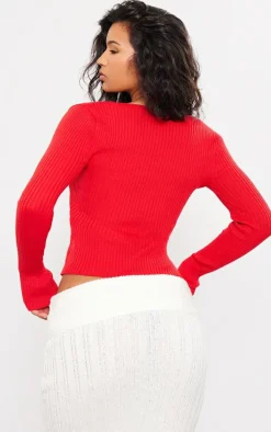 Cherry Red Rib Knit O Ring Long Sleeve Top