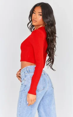 Cherry Red Ring Front Cut Out Long Sleeve Knit Top