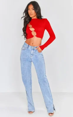 Cherry Red Ring Front Cut Out Long Sleeve Knit Top